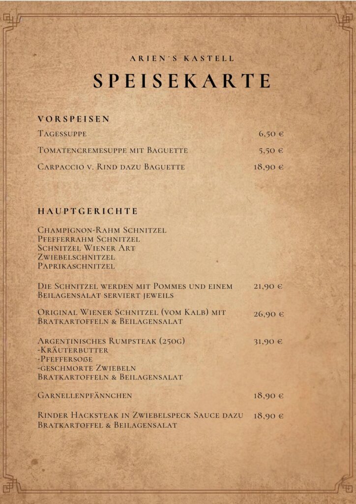 Speisekarte Ariens Kastell