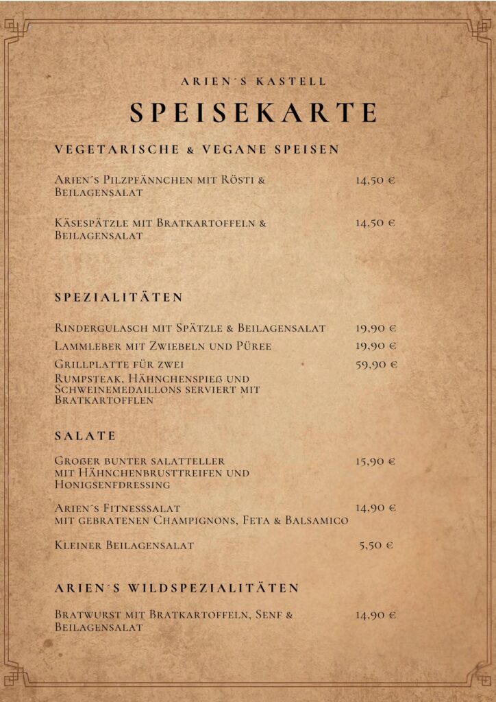 Speisekarte Ariens Kastell