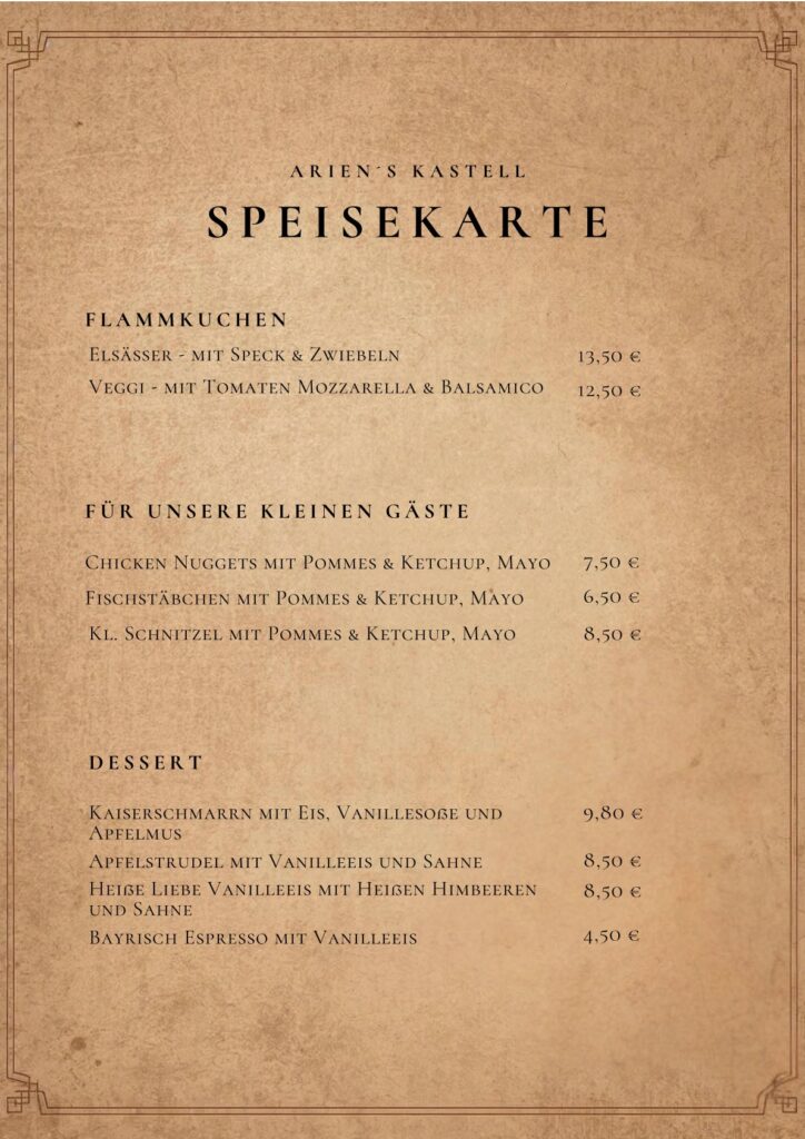 Speisekarte Ariens Kastell