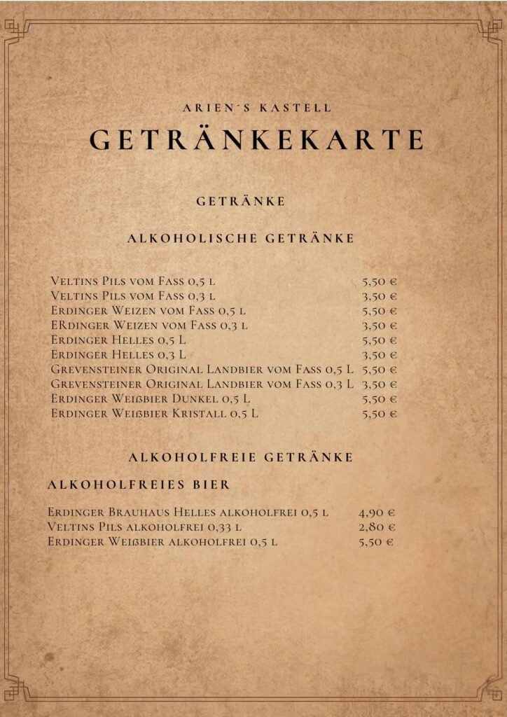 Getränkekarte Ariens Kastell