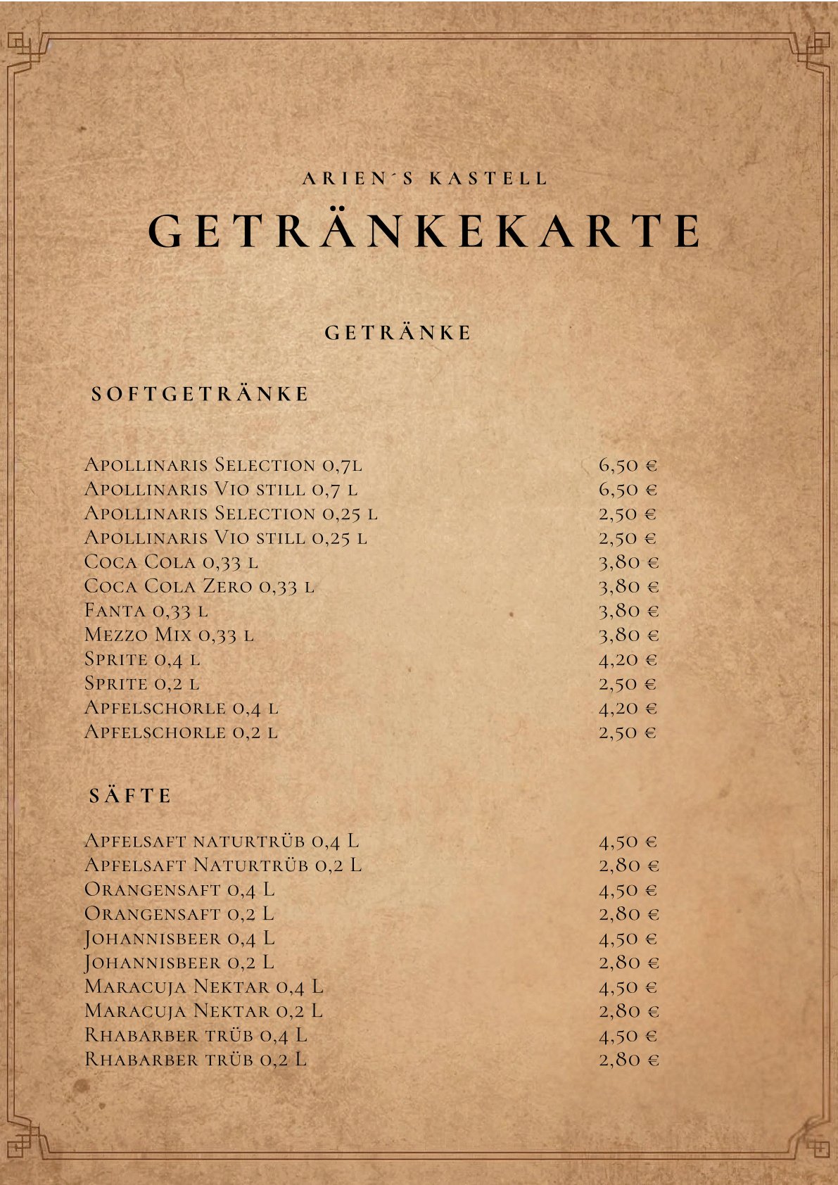 Getränkekarte Ariens Kastell