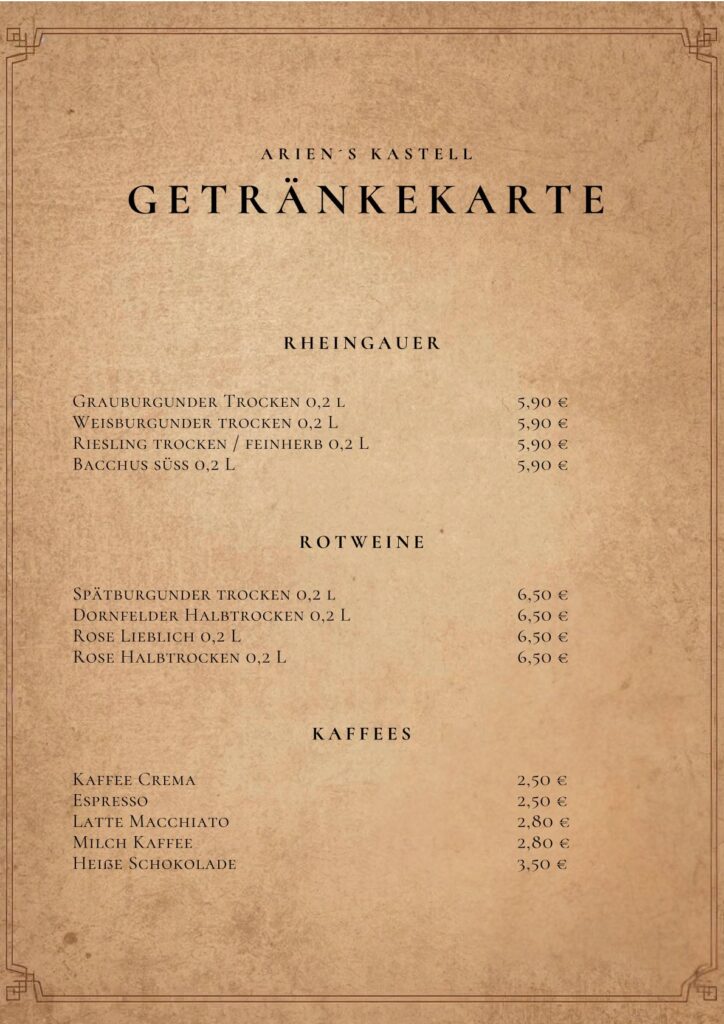 Getränkekarte Ariens Kastell